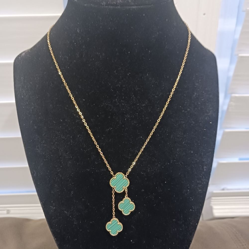 18KT Gold Plated overlay Stainless Steel Green Clover Necklace